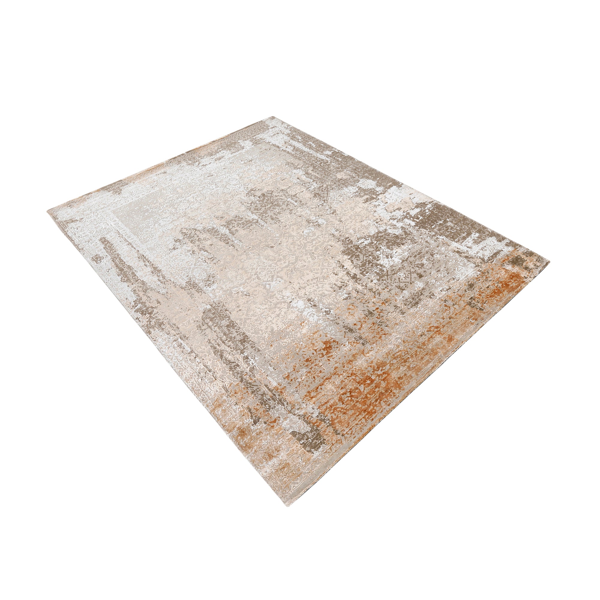 Sandstone rust distressed hand knotted wool and viscose rug with beige ivory taupe and warm brown detailing