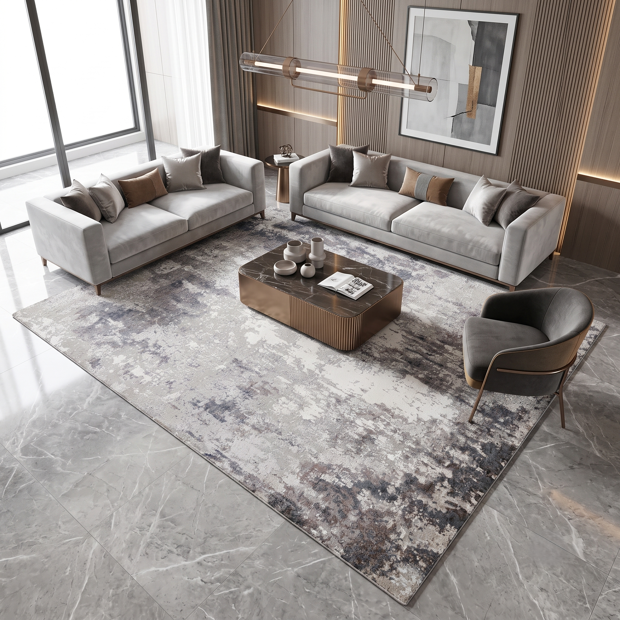 Silver ash abstract hand knotted wool and viscose rug displayed in a modern neutral living room