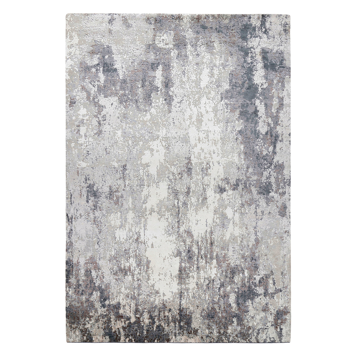 Silver ash abstract hand knotted wool and viscose rug with grey ivory charcoal and taupe textured detailing