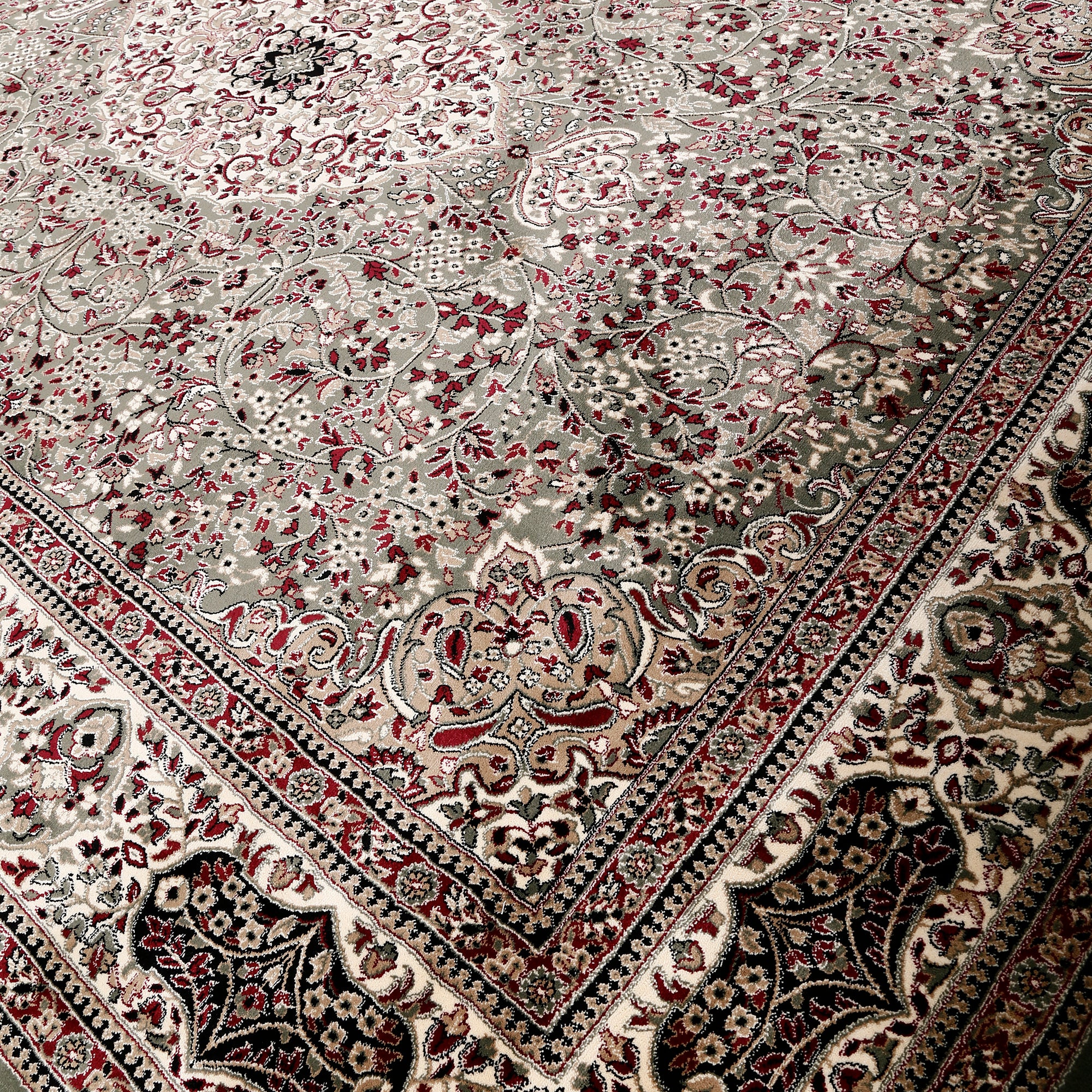 Close-up texture of Silver Grey Machine Woven Classic Art Silk Rug showing intricate floral motifs and smooth Art Silk surface