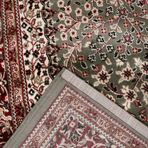 Corner and edge detail of Silver Grey Floral Medallion Machine Woven Classic Art Silk Rug with red ornamental border