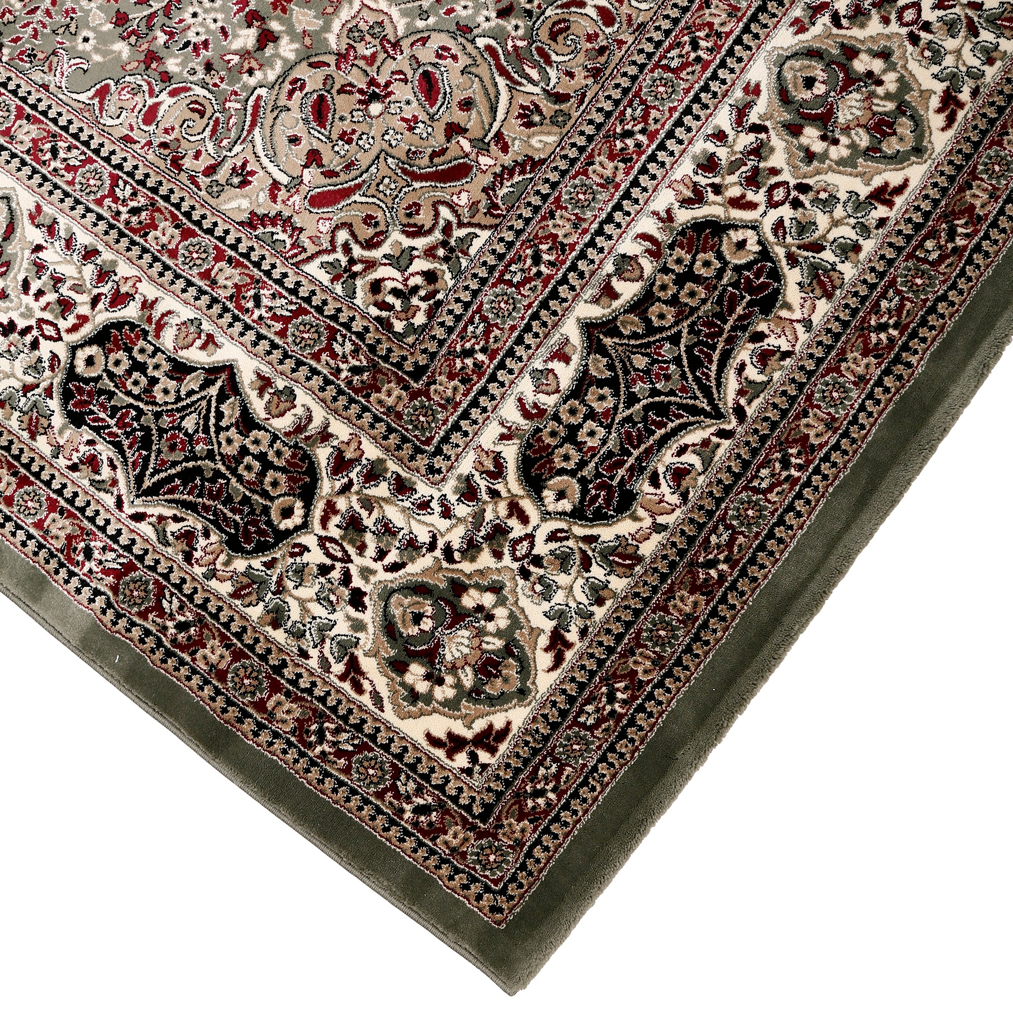 Corner and edge detail of Silver Grey Floral Medallion Machine Woven Classic Art Silk Rug