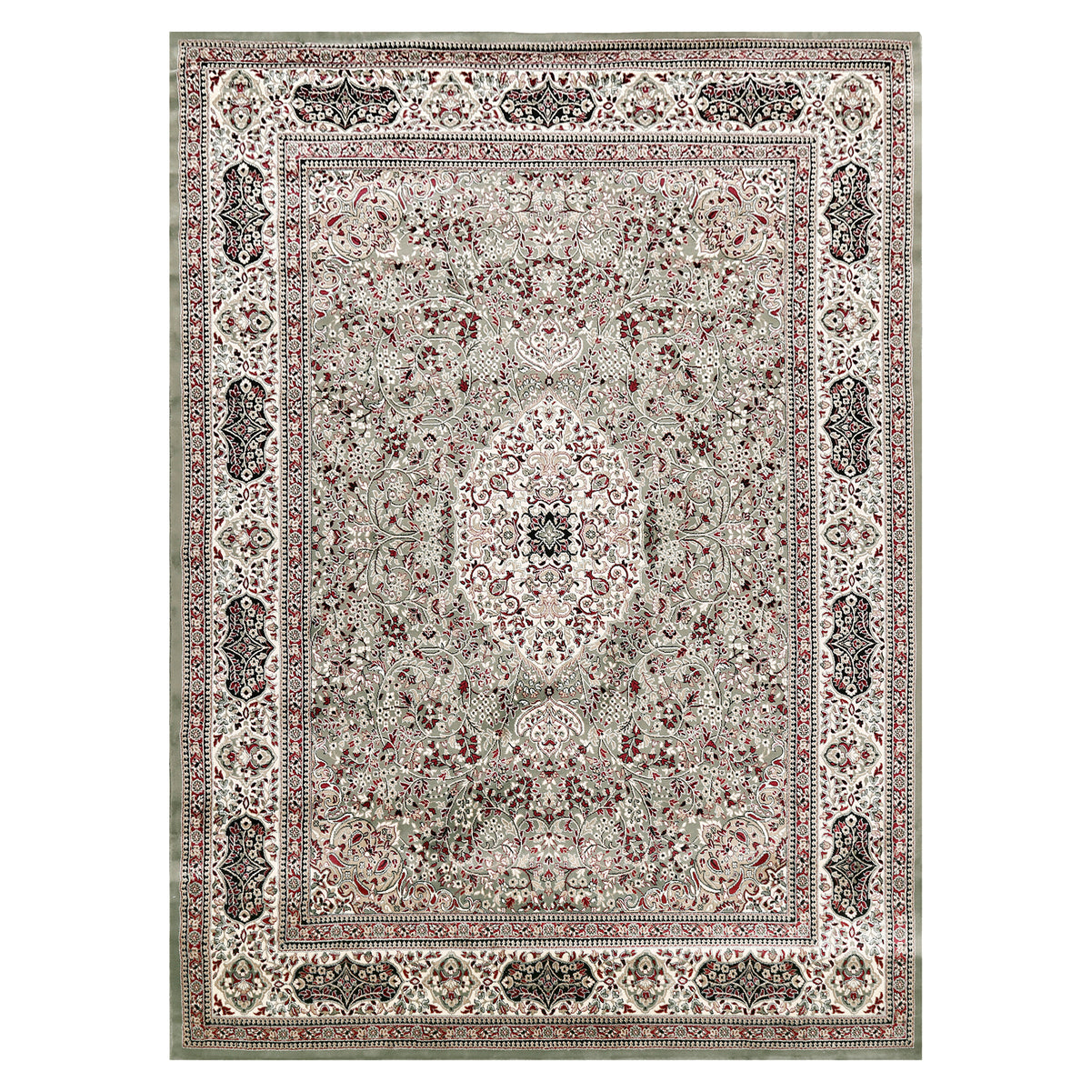 Full view of Silver Grey Machine Woven Classic Art Silk Rug with ivory floral medallion and ornamental border