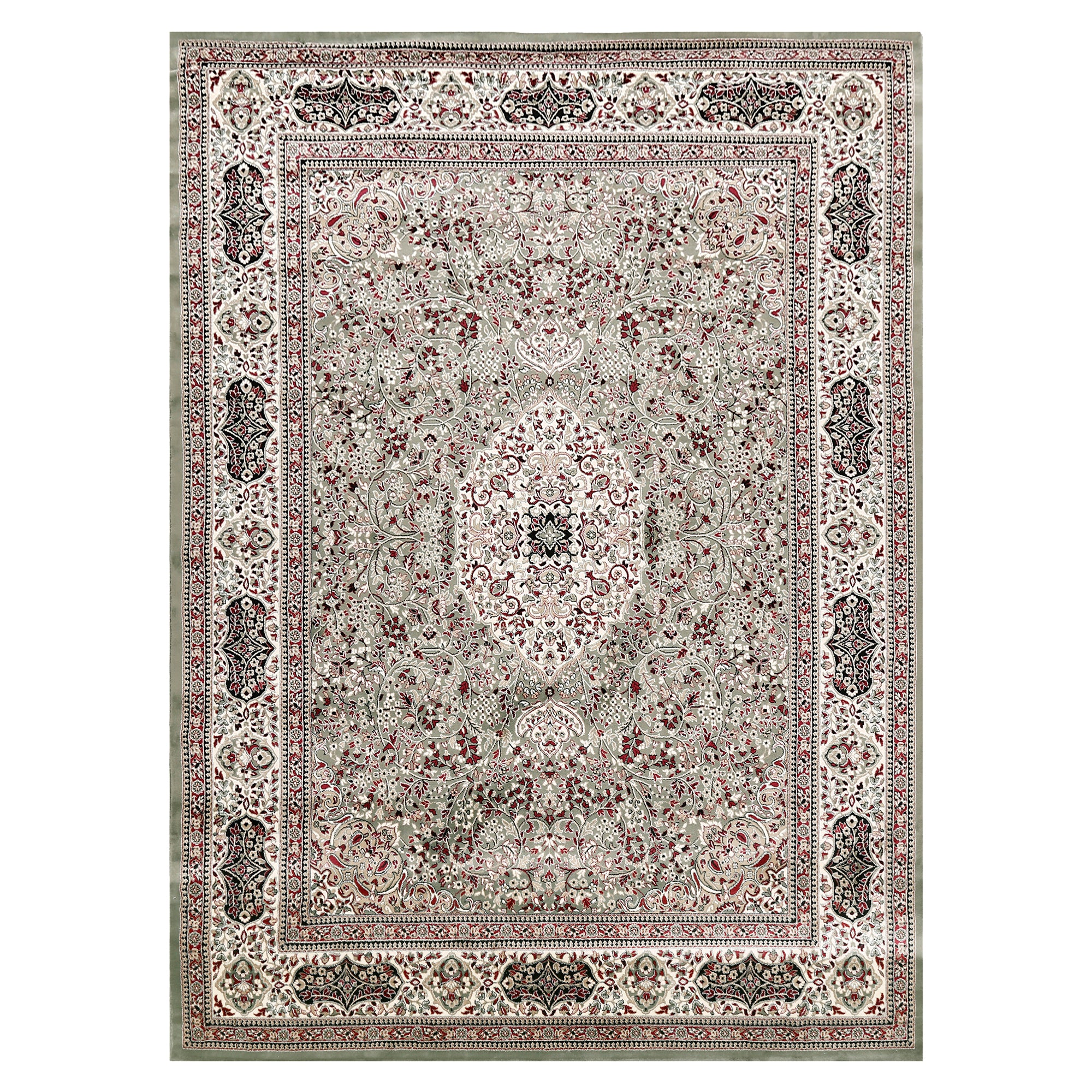 Full view of Silver Grey Machine Woven Classic Art Silk Rug with ivory floral medallion and ornamental border