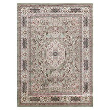 Full view of Silver Grey Machine Woven Classic Art Silk Rug with ivory floral medallion and ornamental border