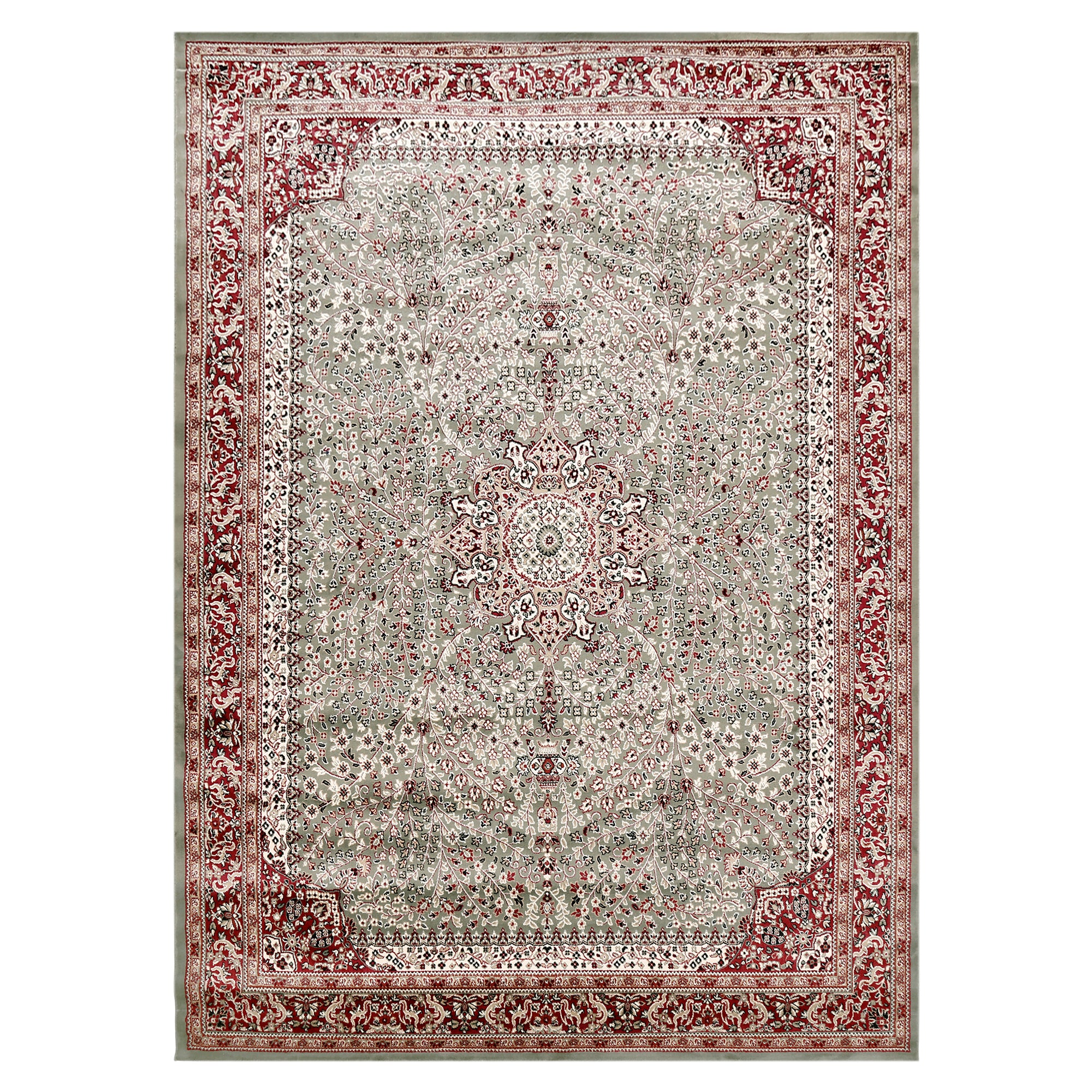 Full view of Silver Grey Machine Woven Classic Art Silk Rug with ornate floral medallion and rich red border