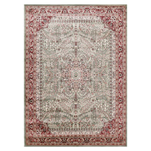 Full view of Silver Grey Machine Woven Classic Art Silk Rug with ornate floral medallion and rich red border