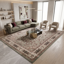 Silver Grey Floral Medallion Machine Woven Classic Art Silk Rug styled in an elegant interior by Khushi Living