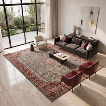 Silver Grey Floral Medallion Machine Woven Classic Art Silk Rug styled in an elegant interior by Khushi Living