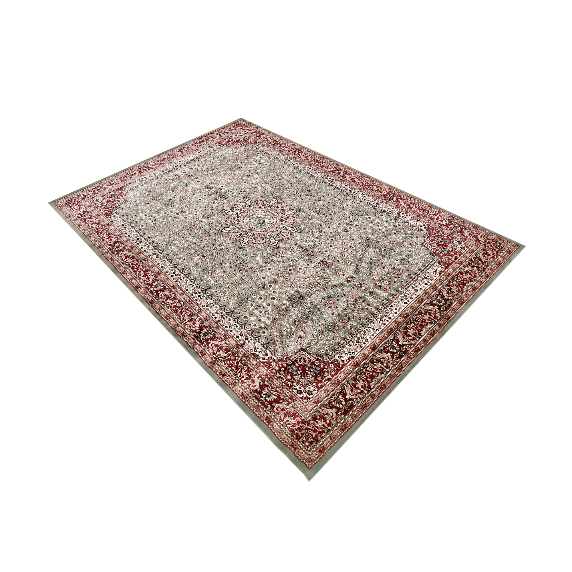 Side angle view of Silver Grey Floral Medallion Machine Woven Classic Art Silk Rug by Khushi Living