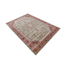 Side angle view of Silver Grey Floral Medallion Machine Woven Classic Art Silk Rug by Khushi Living