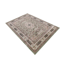 side angle view of Silver Grey Floral Medallion Machine Woven Classic Art Silk Rug by Khushi Living