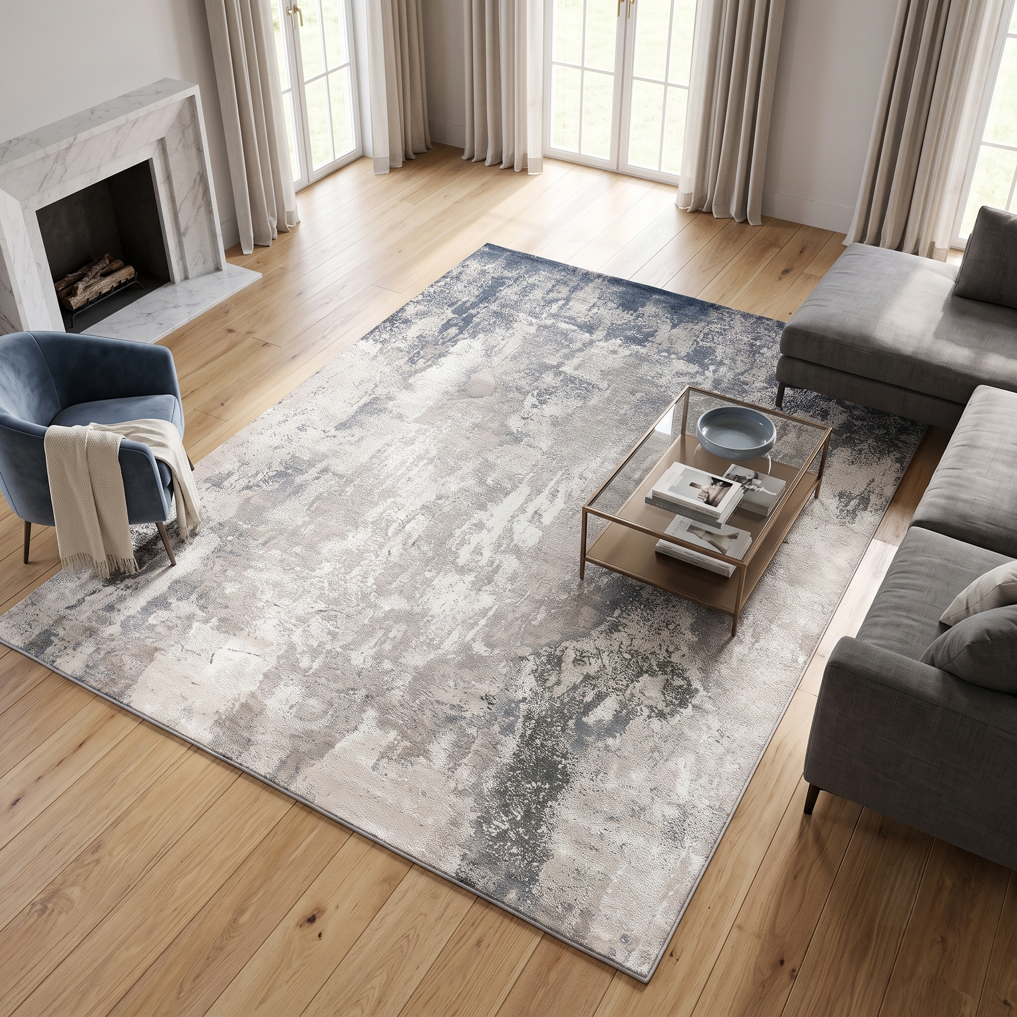 Silver Mist hand knotted modern wool and viscose rug displayed in a contemporary luxury living room