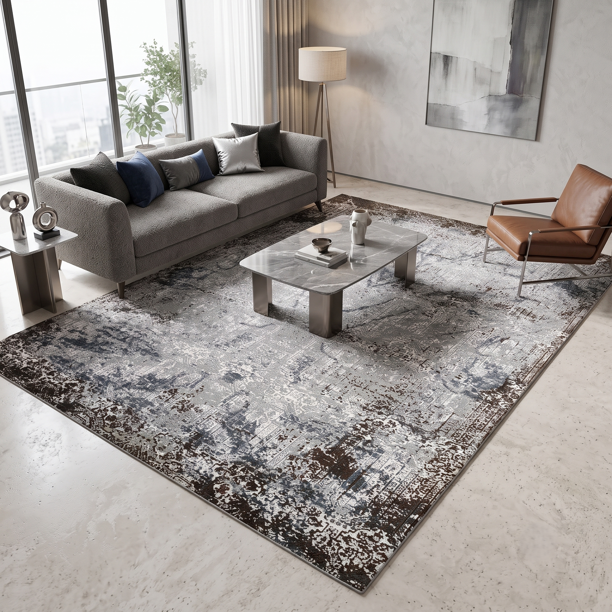 Silver slate distressed hand knotted wool and viscose rug displayed in a modern luxury living room