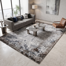 Silver slate distressed hand knotted wool and viscose rug displayed in a modern luxury living room