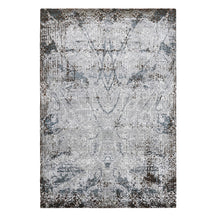 Silver slate distressed hand knotted wool and viscose rug with grey ivory blue and brown ornamental detailing