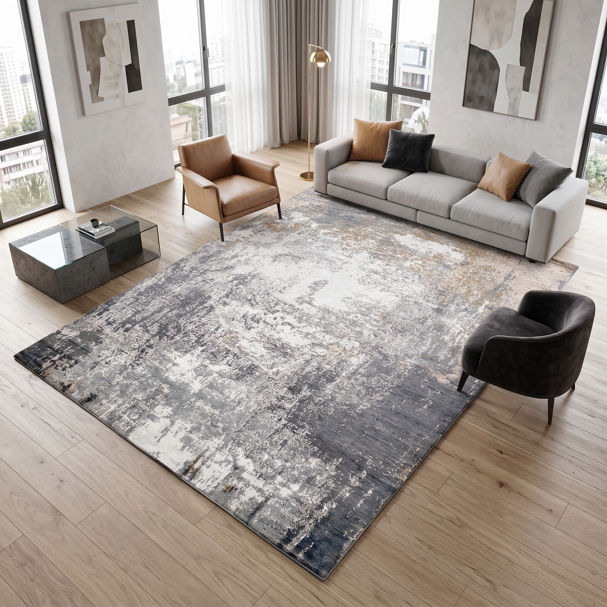 Silver taupe abstract hand knotted wool and viscose rug displayed in a modern neutral living room