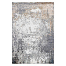 Silver taupe abstract hand knotted wool and viscose rug with grey ivory beige and charcoal distressed detailing