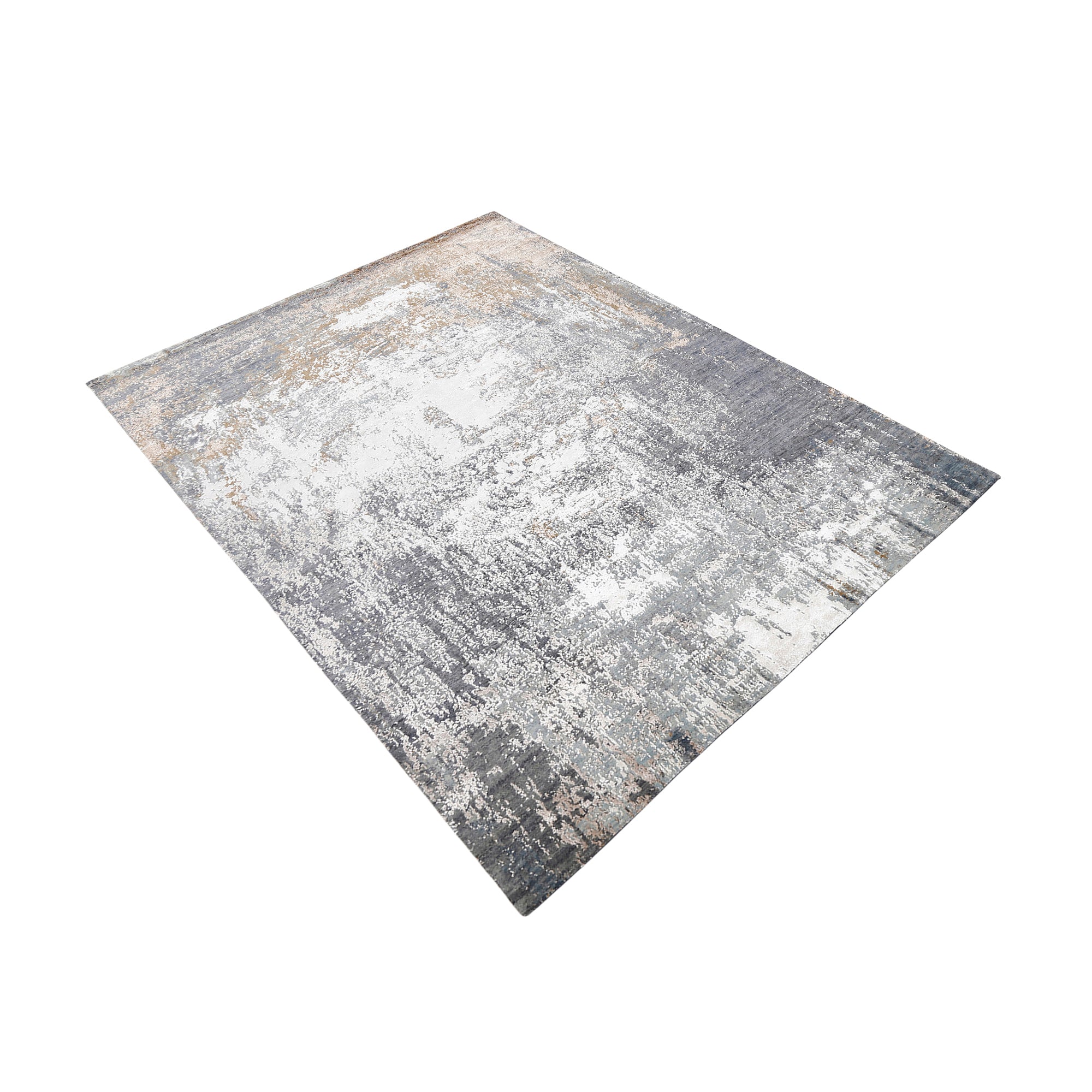 Silver taupe abstract hand knotted wool and viscose rug with grey ivory beige and charcoal distressed detailing