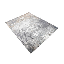 Silver taupe abstract hand knotted wool and viscose rug with grey ivory beige and charcoal distressed detailing