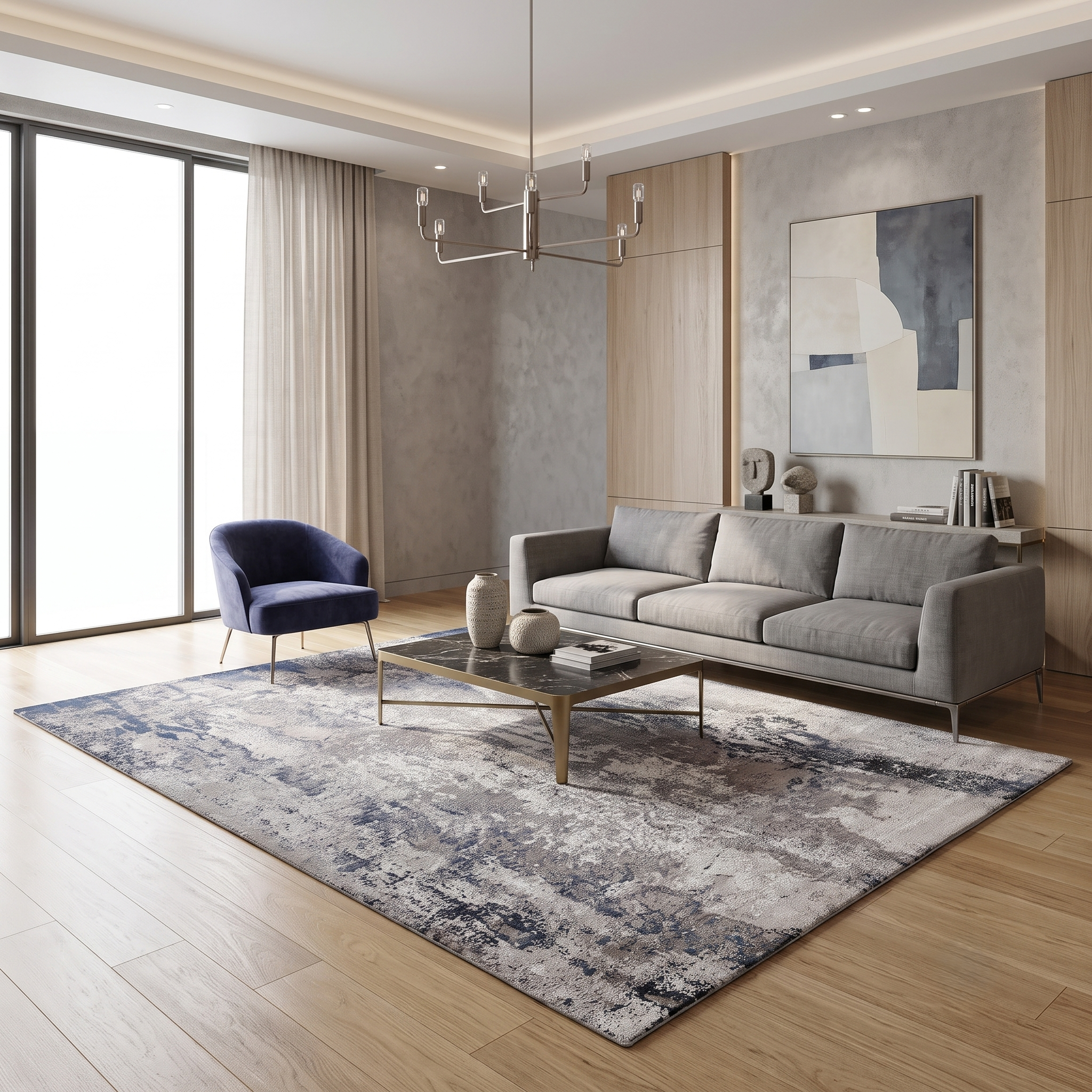 Silvermist Cascade hand knotted modern wool and viscose rug displayed in a contemporary living room