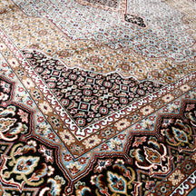 Close-up texture of Sky Blue Machine Woven Classic Art Silk Rug showing geometric motifs and smooth Art Silk surface