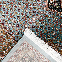 Corner and fringed edge detail of Sky Blue Geometric Medallion Machine Woven Classic Art Silk Rug
