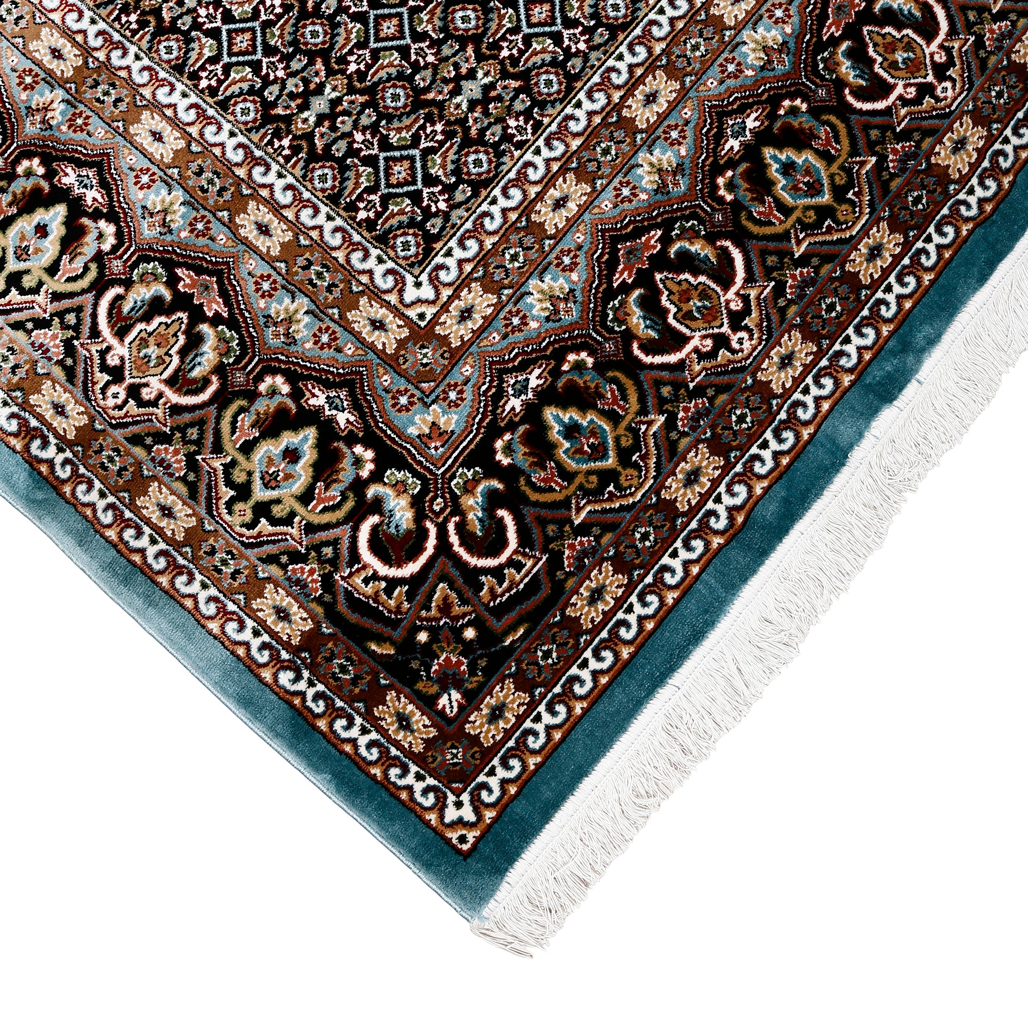 Corner and fringed edge detail of Sky Blue Geometric Medallion Machine Woven Classic Art Silk Rug