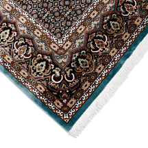 Corner and fringed edge detail of Sky Blue Geometric Medallion Machine Woven Classic Art Silk Rug