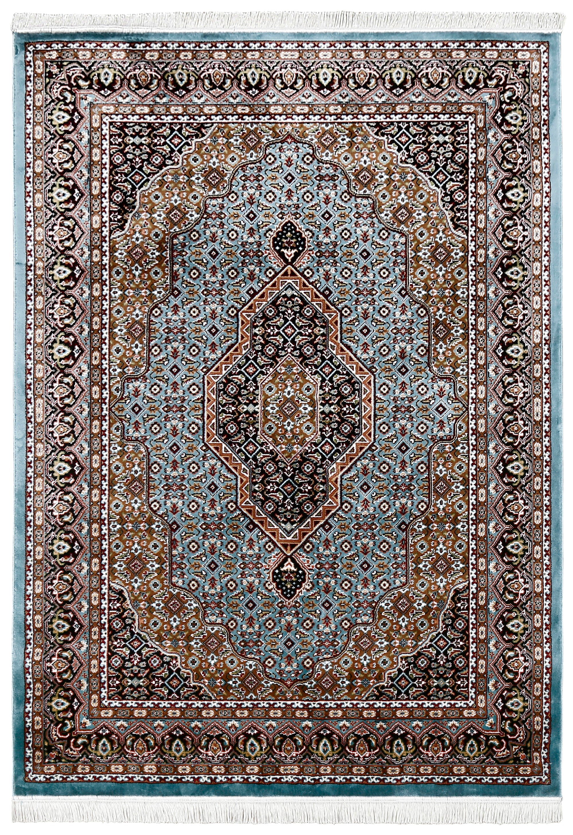 Full view of Sky Blue Machine Woven Classic Art Silk Rug with geometric central medallion and dark ornamental border