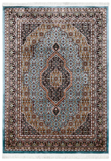 Full view of Sky Blue Machine Woven Classic Art Silk Rug with geometric central medallion and dark ornamental border