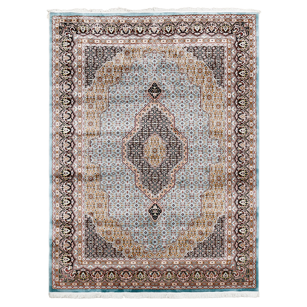 Full view of Sky Blue Machine Woven Classic Art Silk Rug with geometric medallion and dark ornamental border