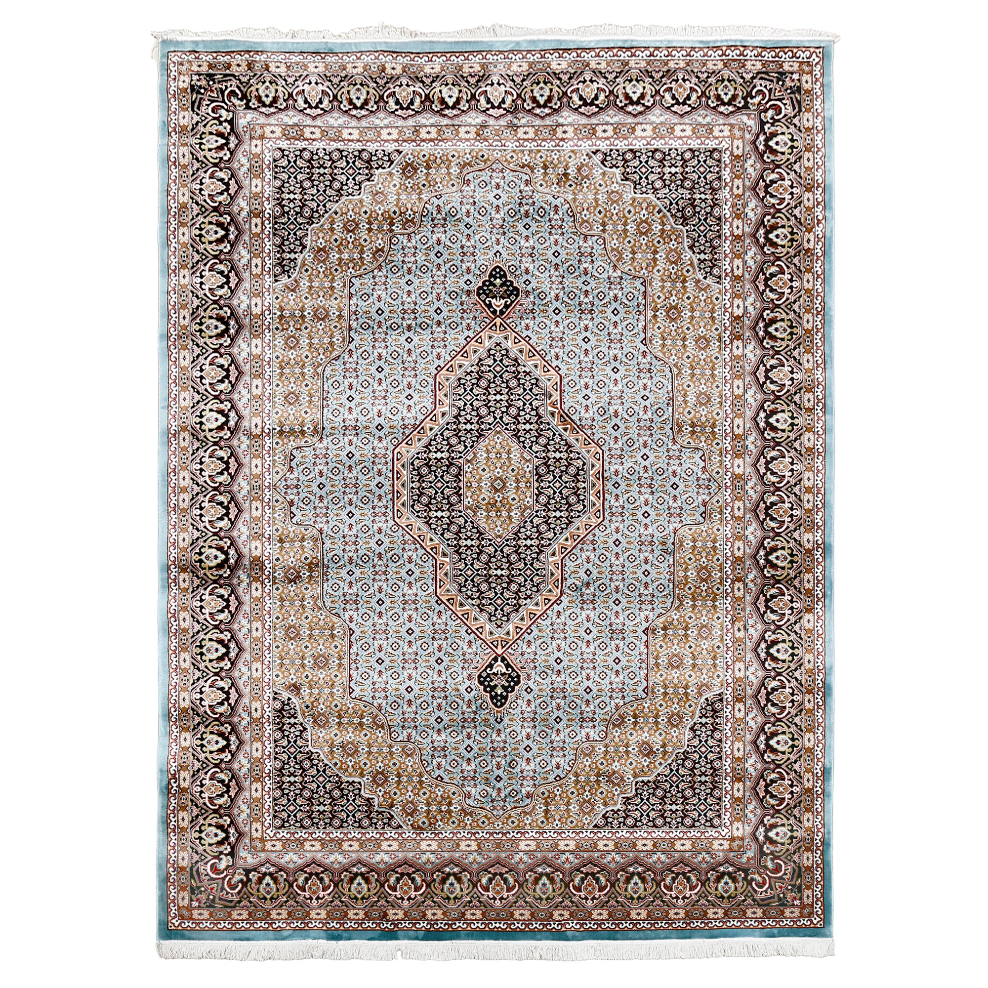 Full view of Sky Blue Machine Woven Classic Art Silk Rug with geometric medallion and dark ornamental border