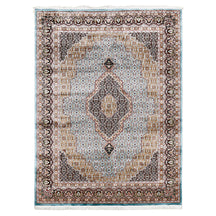 Full view of Sky Blue Machine Woven Classic Art Silk Rug with geometric medallion and dark ornamental border
