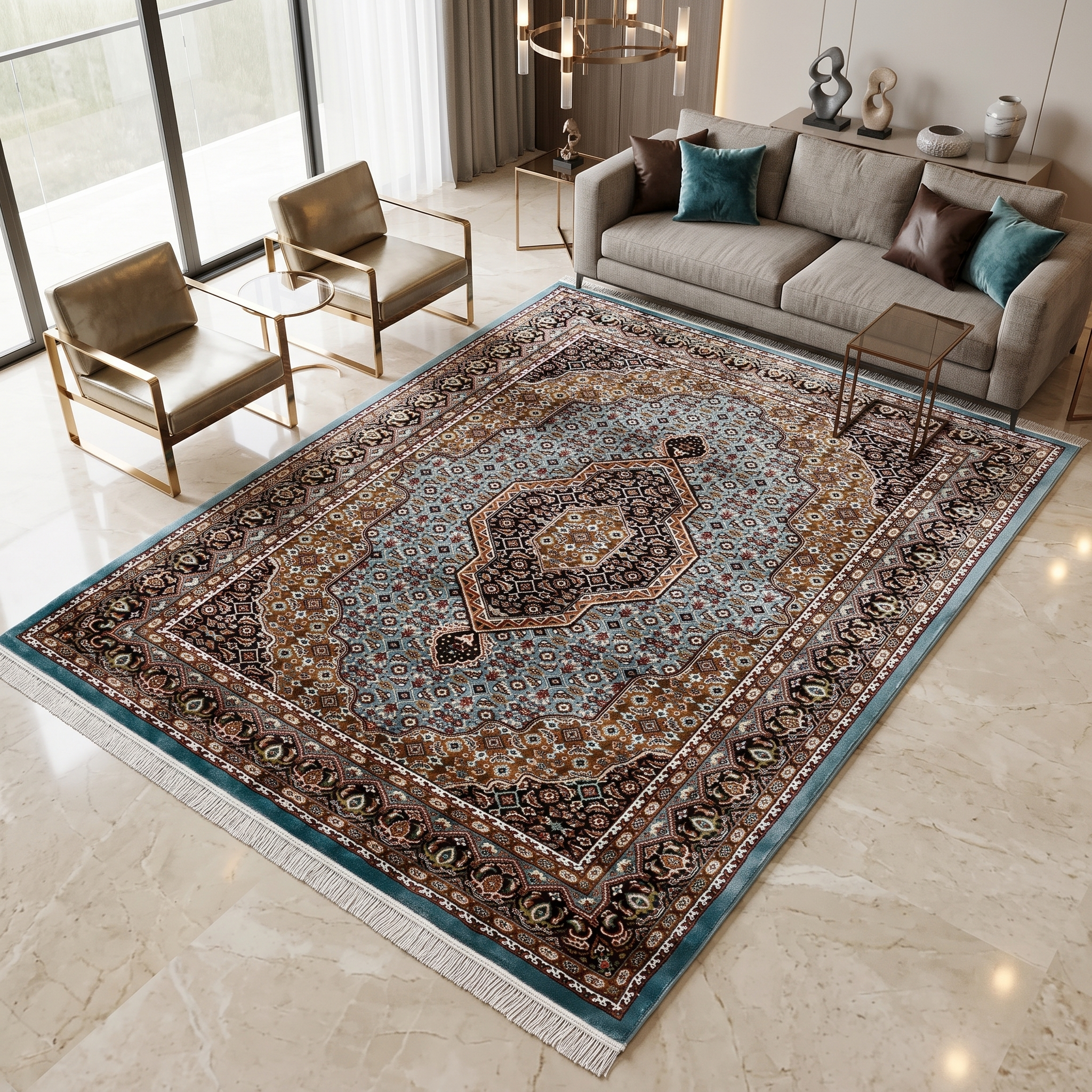 Sky Blue Geometric Medallion Machine Woven Classic Art Silk Rug styled in an elegant interior by Khushi Living