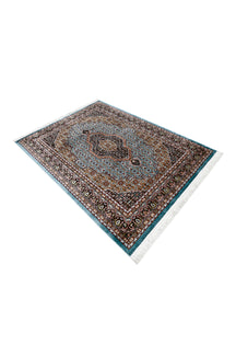 Side angle view of Sky Blue Geometric Medallion Machine Woven Classic Art Silk Rug by Khushi Living
