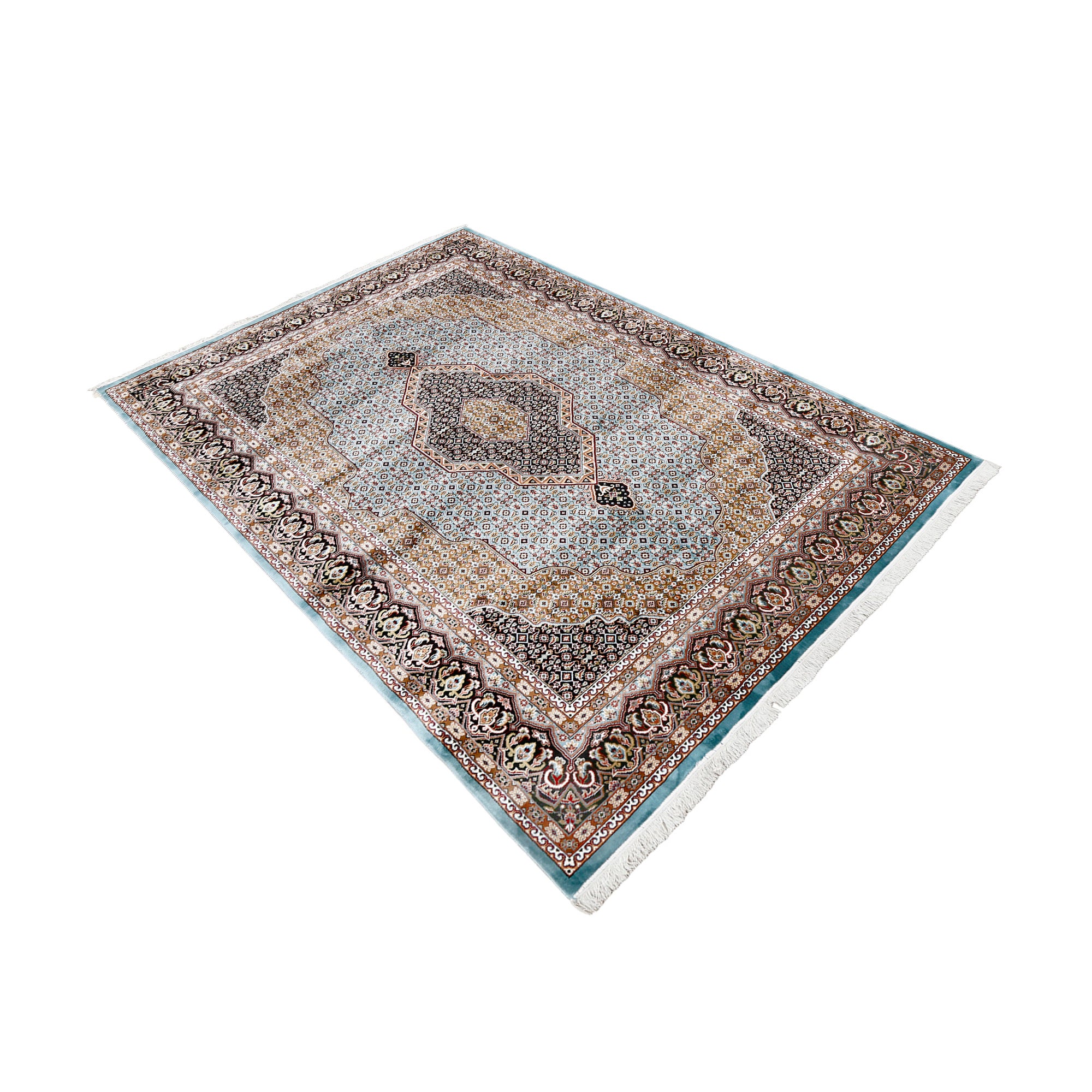 Side angle view of Sky Blue Geometric Medallion Machine Woven Classic Art Silk Rug by Khushi Living