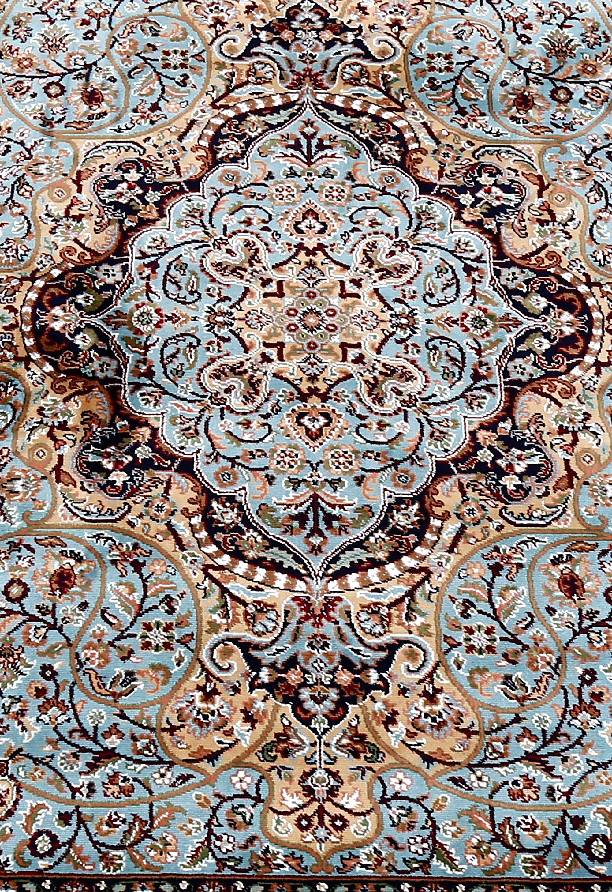 Close-up texture of Sky Blue Machine Woven Classic Art Silk Rug showing intricate floral motifs and smooth Art Silk surface