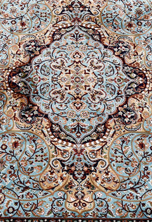 Close-up texture of Sky Blue Machine Woven Classic Art Silk Rug showing intricate floral motifs and smooth Art Silk surface