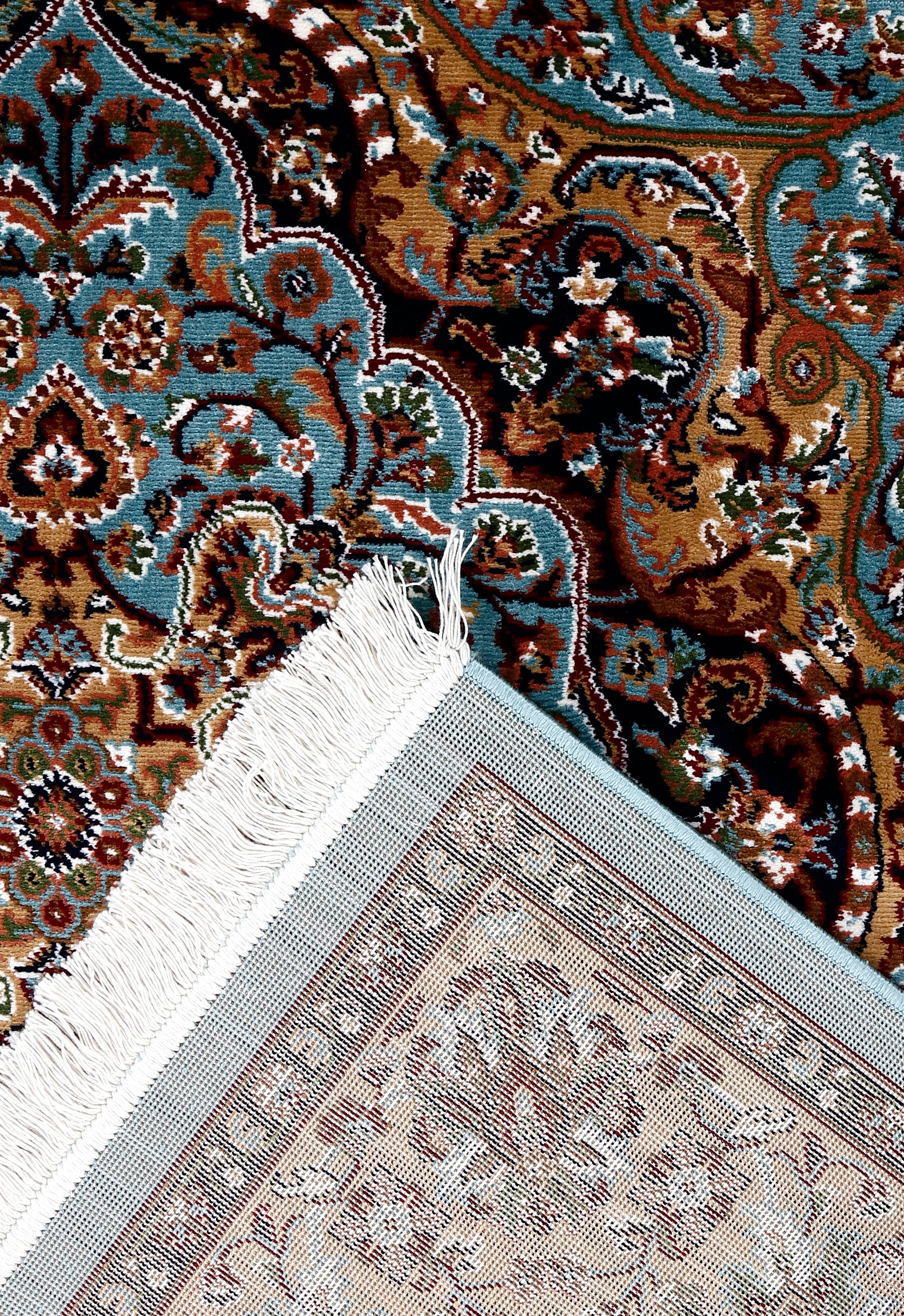 Corner and fringed edge detail of Sky Blue Ornamental Medallion Machine Woven Classic Art Silk Rug