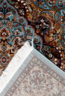 Corner and fringed edge detail of Sky Blue Ornamental Medallion Machine Woven Classic Art Silk Rug
