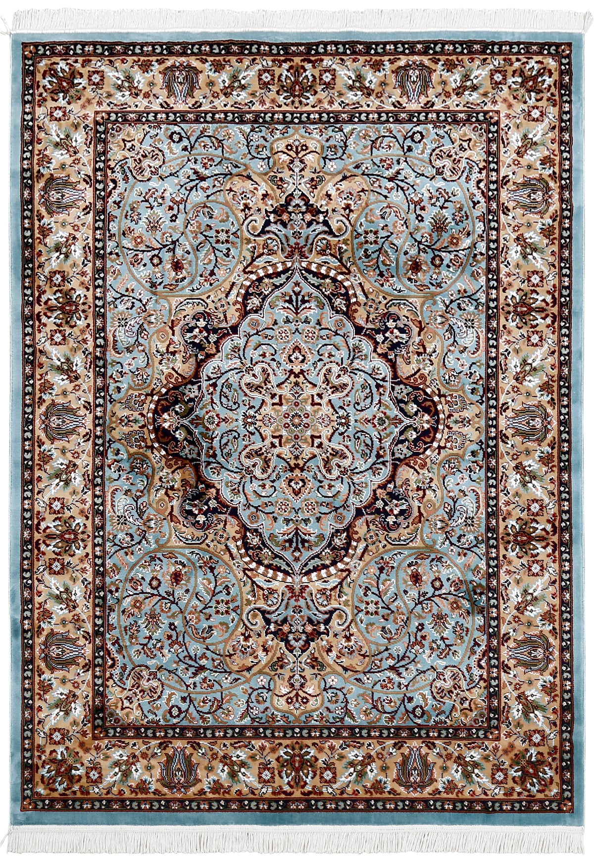 Full view of Sky Blue Machine Woven Classic Art Silk Rug with ornate central medallion and beige floral border