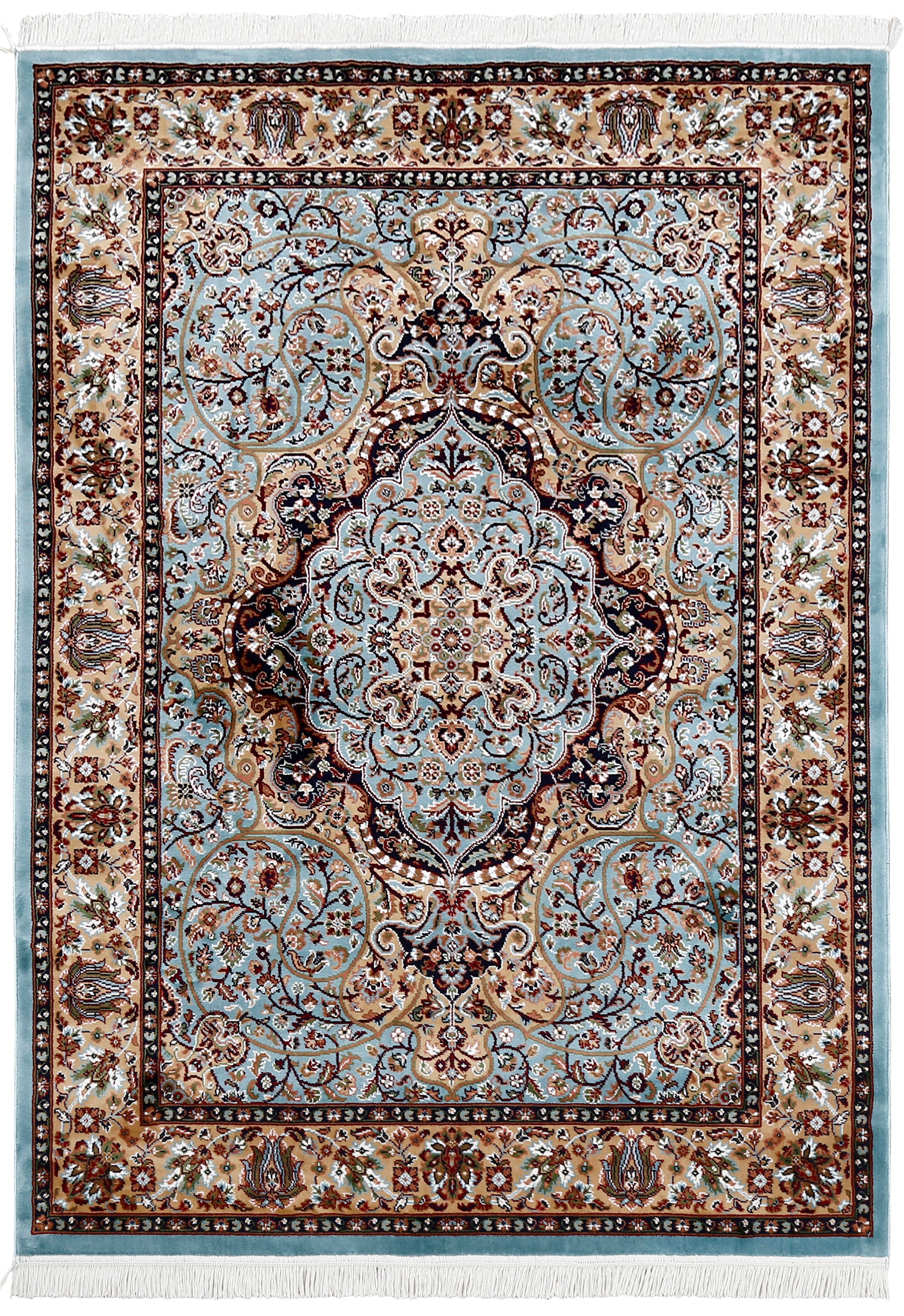 Full view of Sky Blue Machine Woven Classic Art Silk Rug with ornate central medallion and beige floral border