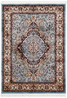 Full view of Sky Blue Machine Woven Classic Art Silk Rug with ornate central medallion and beige floral border
