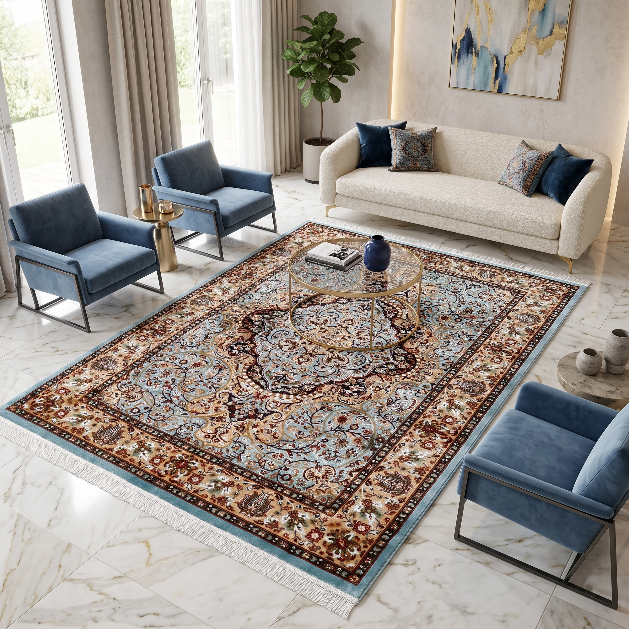 Sky Blue Ornamental Medallion Machine Woven Classic Art Silk Rug styled in an elegant interior by Khushi Living