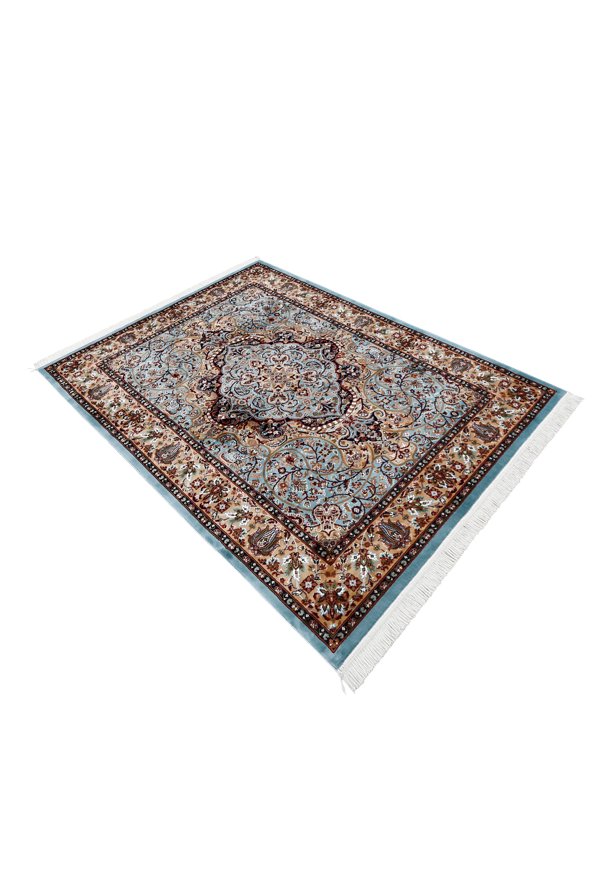 Side angle view of Sky Blue Ornamental Medallion Machine Woven Classic Art Silk Rug by Khushi Living