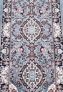 Close-up texture of Sky Blue Machine Woven Classic Art Silk Runner Rug showing floral medallion details and smooth Art Silk surface