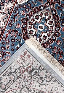 Corner and fringed edge detail of Sky Blue Triple Medallion Machine Woven Classic Art Silk Runner Rug