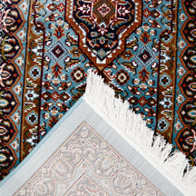 Corner and fringed edge detail of Sky Blue Triple Medallion Machine Woven Classic Art Silk Runner Rug