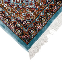 Corner and fringed edge detail of Sky Blue Triple Medallion Machine Woven Classic Art Silk Runner Rug
